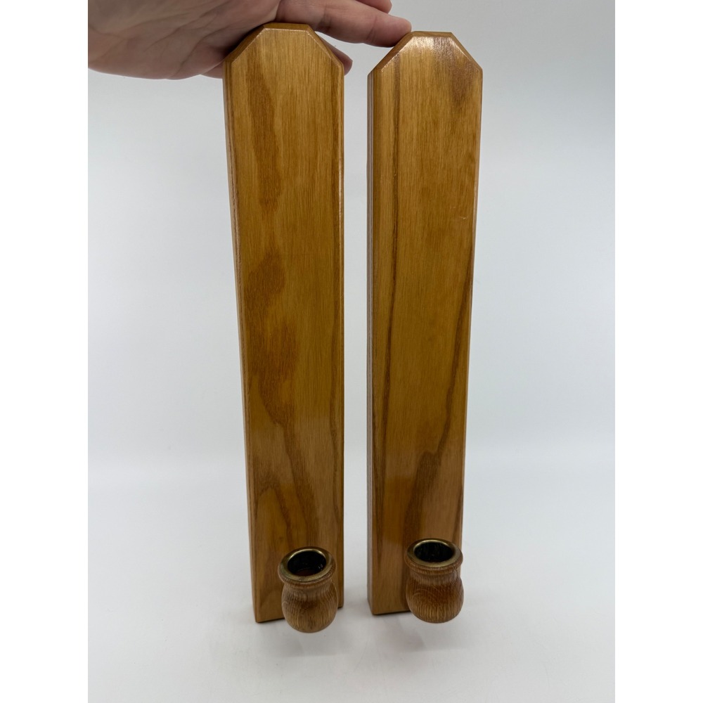Vintage Oak Wood Wall Sconce Taper Candle Holder Set of 2 Farmhouse Decor